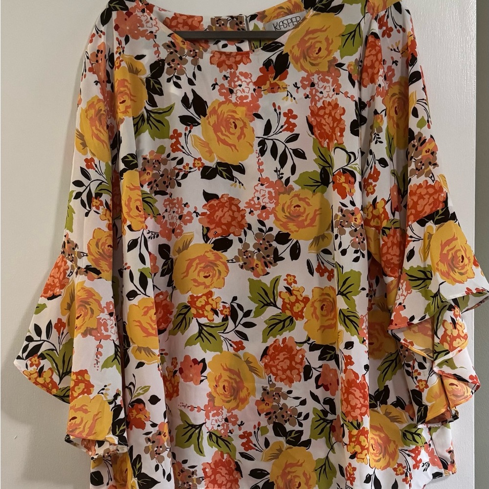 Kasper Gold and Orange Ruffled Bell Sleeve Blouse